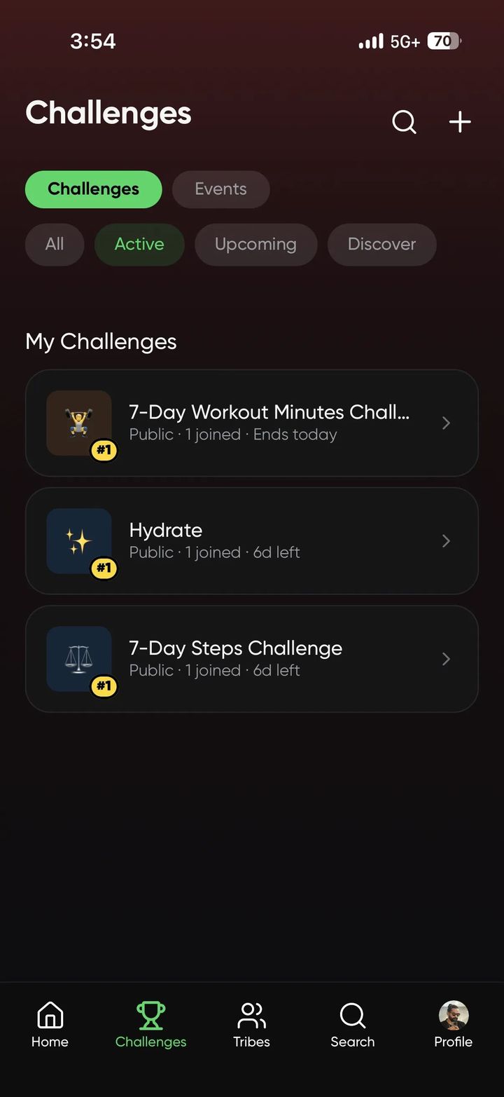 Sweats fitness app achievements screen with unlocked badges like Podium Finisher and Social Butterfly