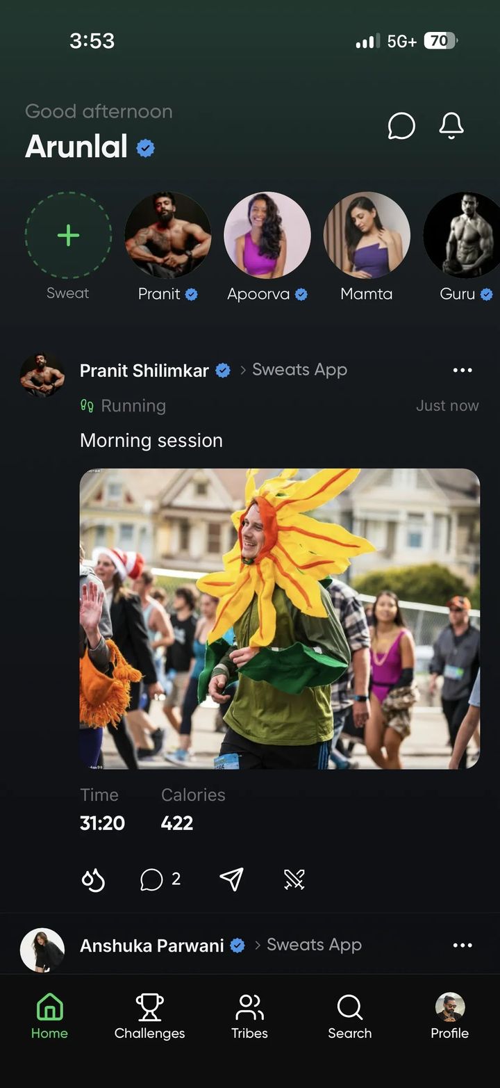Sweats social fitness app feed showing a friend's GPS-tracked workout with route, time, and calories