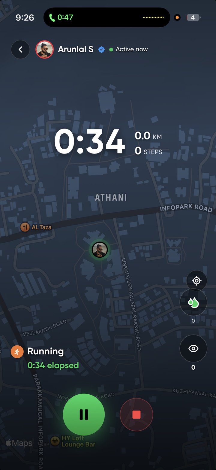 Sweats live workout recording screen showing a real-time GPS map, distance, pace, and elapsed time while running